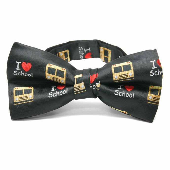 I love school with a school bus theme on a black bow tie.