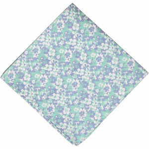 Floral pocket square, folded into a diamond, in seafoam, blue and white