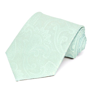 Seafoam paisley extra long necktie, rolled to show pattern