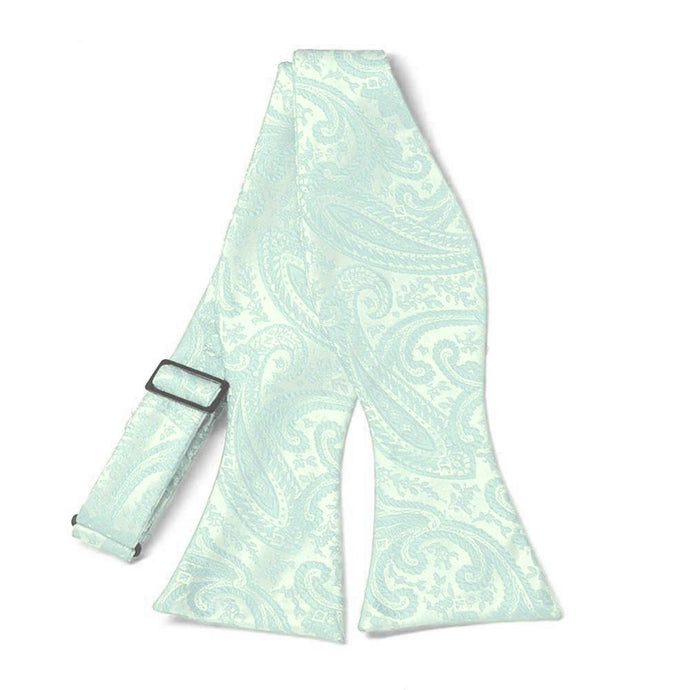 Seafoam paisley self-tie bow tie, untied front view