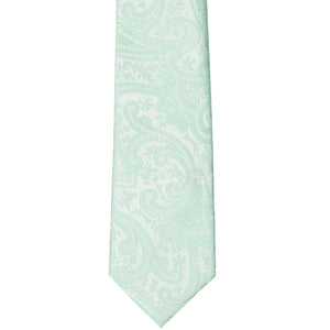 The front view of a seafoam slim paisley tie