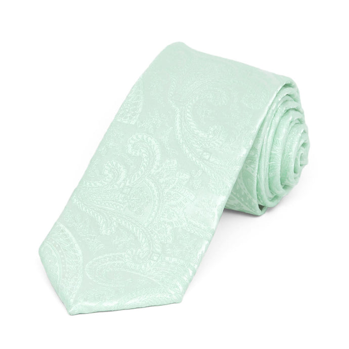 Seafoam paisley slim necktie, rolled view