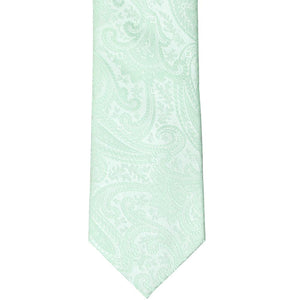 The front view of a seafoam colored paisley tie