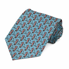 Load image into Gallery viewer, Coral seahorses on an aqua blue tie.