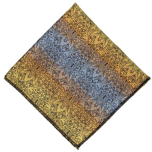 A serene and gold floral striped pocket square, folded into a diamond