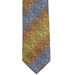 The front view of a serene and gold floral striped tie
