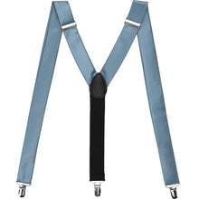 Load image into Gallery viewer, A pair of y-design suspenders in serene blue, displayed like the letter M to show off the color and clips