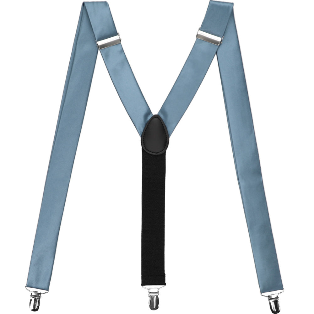 A pair of y-design suspenders in serene blue, displayed like the letter M to show off the color and clips