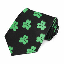 Load image into Gallery viewer, A black and green shamrock themed extra long tie tie