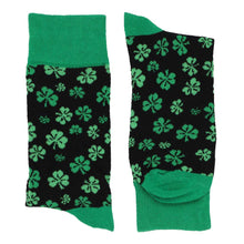 Load image into Gallery viewer, Pair of men&#39;s green and black shamrock novelty socks