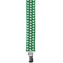Load image into Gallery viewer, Closeup of the back strap on a pair of green shamrock suspenders