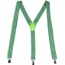 Load image into Gallery viewer, A pair of green shamrock suspenders, laid out into an M shape to show the straps