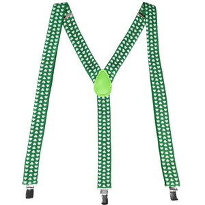 A pair of green shamrock suspenders, laid out into an M shape to show the straps