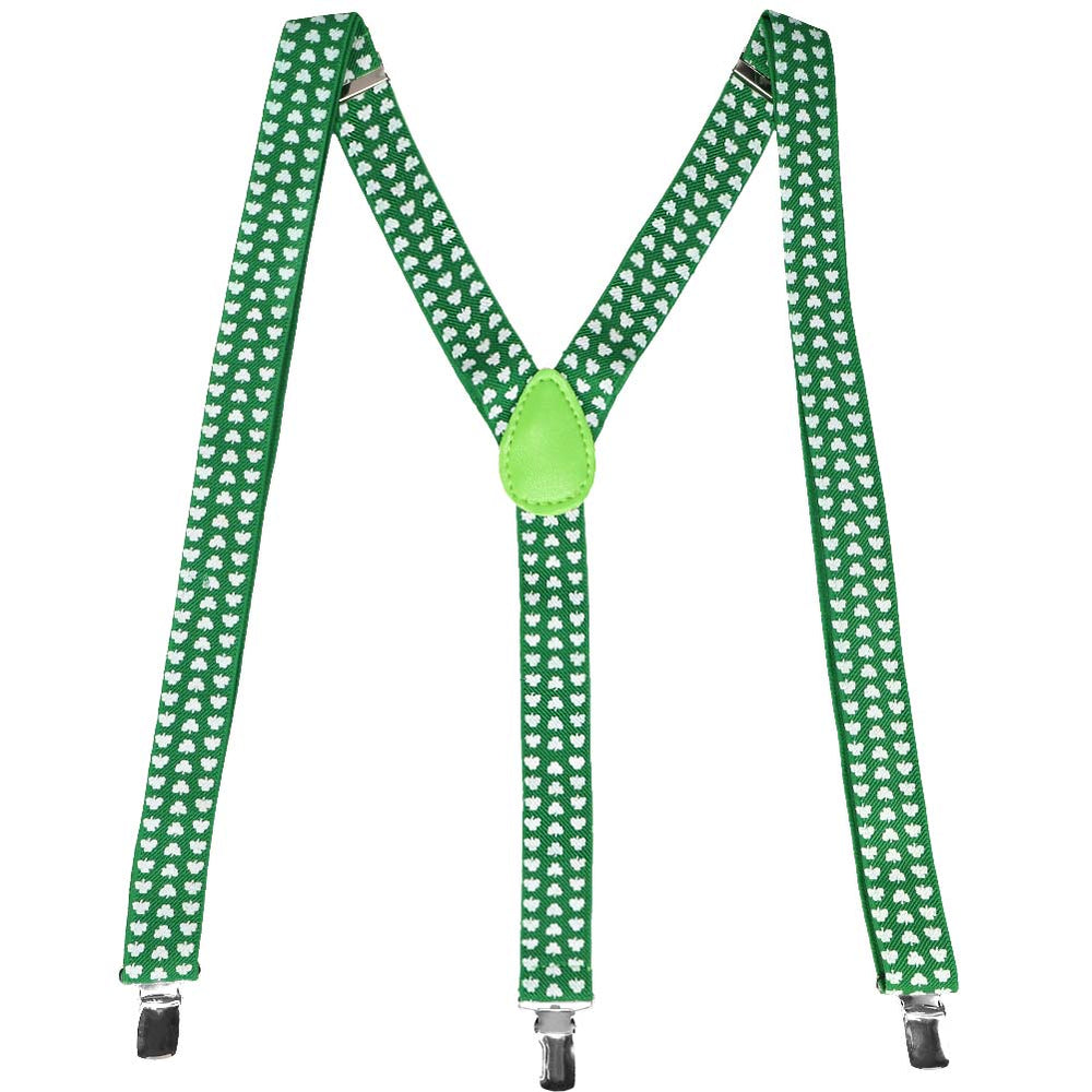 A pair of green shamrock suspenders, laid out into an M shape to show the straps