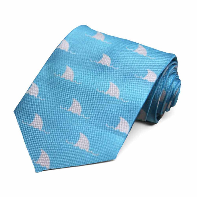 Gray shark fin pattern on a blue water background necktie