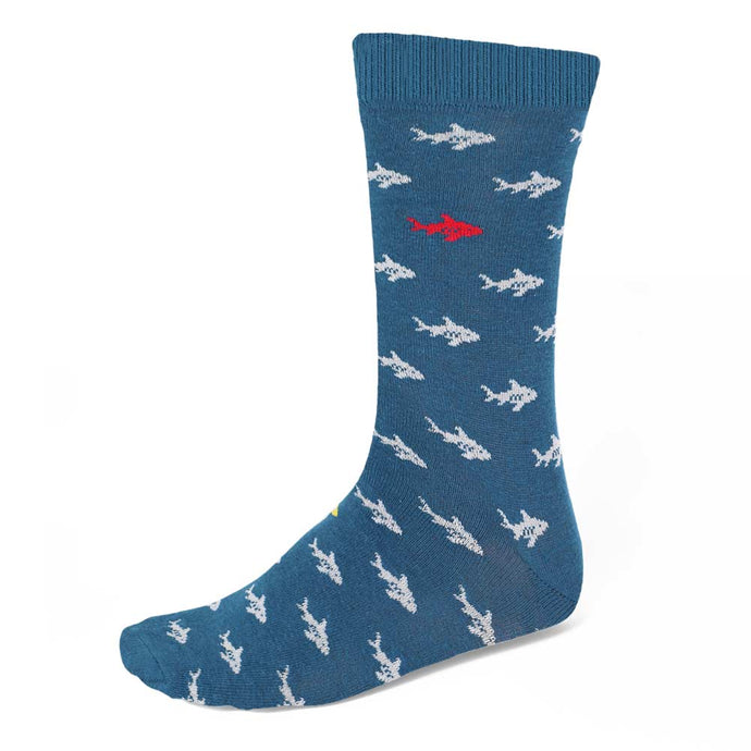 Men's white shark pattern socks on blue background