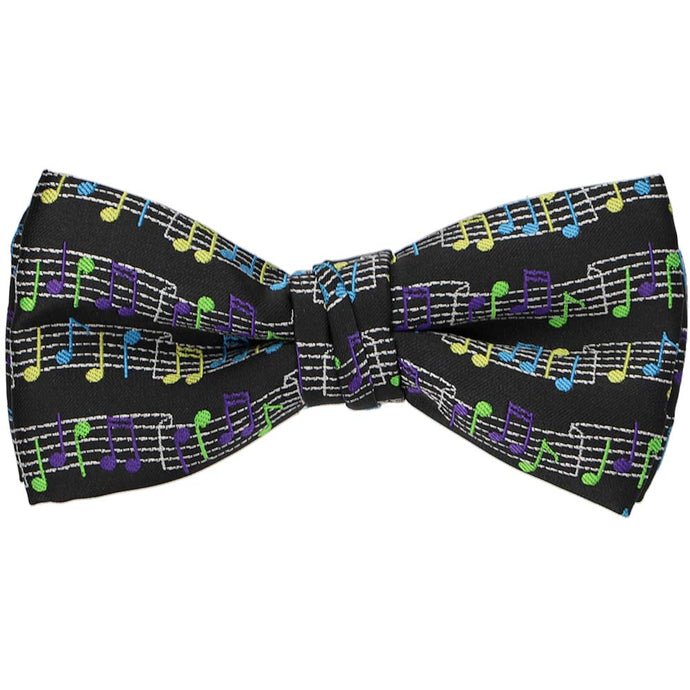 Colorful music sheet pattern on a black bow tie