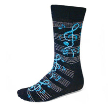Load image into Gallery viewer, Men&#39;s blue and white music note sheet socks on black background