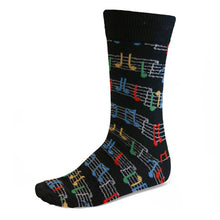 Load image into Gallery viewer, Men&#39;s colorful music sheet theme socks on black background