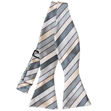 Load image into Gallery viewer, Flat front view of an untied light silver and cream striped self-tie bow tie
