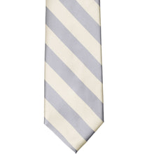 Load image into Gallery viewer, The front of a silver and ivory striped tie, laid out flat