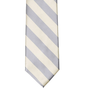 The front of a silver and ivory striped tie, laid out flat