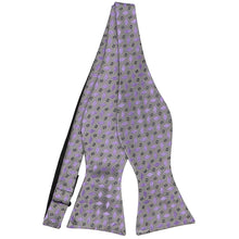 Load image into Gallery viewer, An untied silver self-tie bow tie with a lavender geometric pattern
