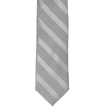 Load image into Gallery viewer, The front of a silver tone-on-tone striped tie, laid out flat