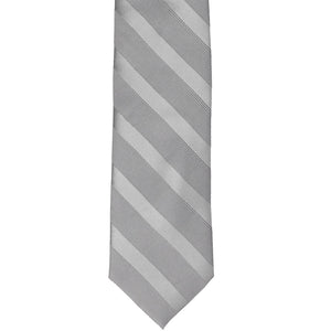 The front of a silver tone-on-tone striped tie, laid out flat