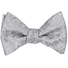 Load image into Gallery viewer, A tied silver tone-on-tone floral self-tie bow tie