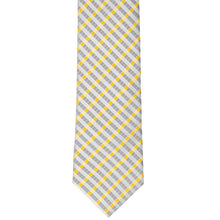 Load image into Gallery viewer, The front view of a silver gingham plaid tie with golden yellow details