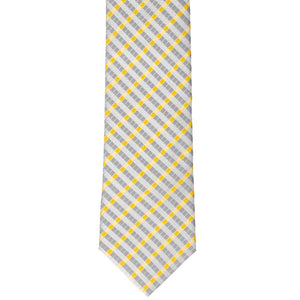 The front view of a silver gingham plaid tie with golden yellow details