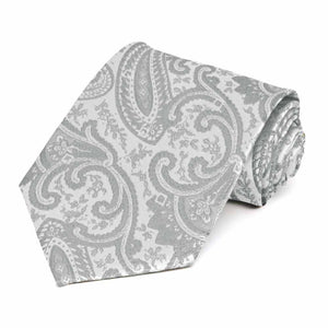 Silver paisley extra long necktie, rolled to show pattern up close