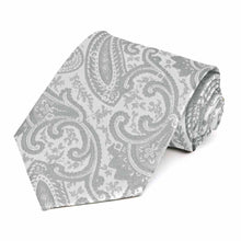 Load image into Gallery viewer, Rolled view of a silver paisley necktie