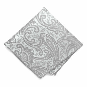 Silver paisley pocket square, flat front view