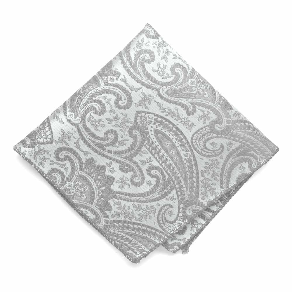 Silver paisley pocket square, flat front view