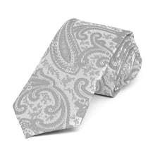 Load image into Gallery viewer, Silver paisley slim necktie, rolled to show pattern up close