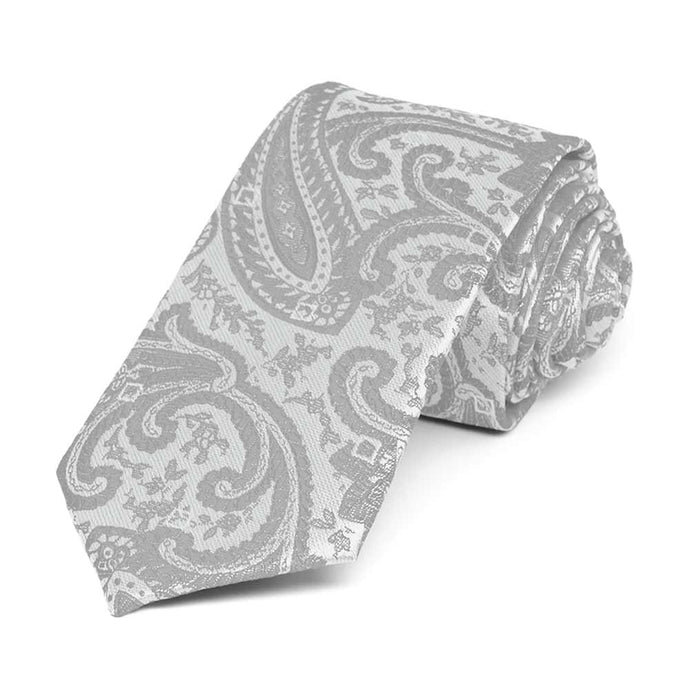 Silver paisley slim necktie, rolled to show pattern up close