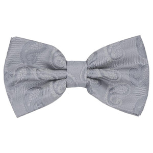 A silver bow tie in a tone-on-tone paisley pattern