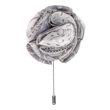 Load image into Gallery viewer, Silver pattern flower lapel pin closeup
