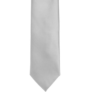 A silver solid slim tie, laid out flat