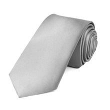 Load image into Gallery viewer, A silver slim tie, rolled to show off the front