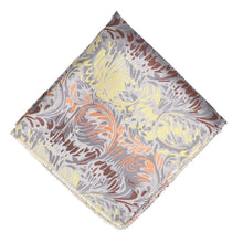 Load image into Gallery viewer, Silver, yellow, orange and brown swirled pocket square