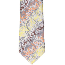 Load image into Gallery viewer, Front view of a silver, yellow, orange and brown swirled necktie