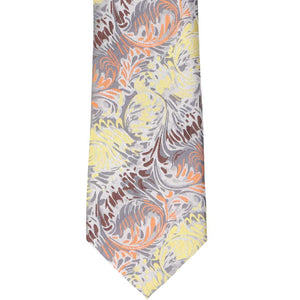 Front view of a silver, yellow, orange and brown swirled necktie