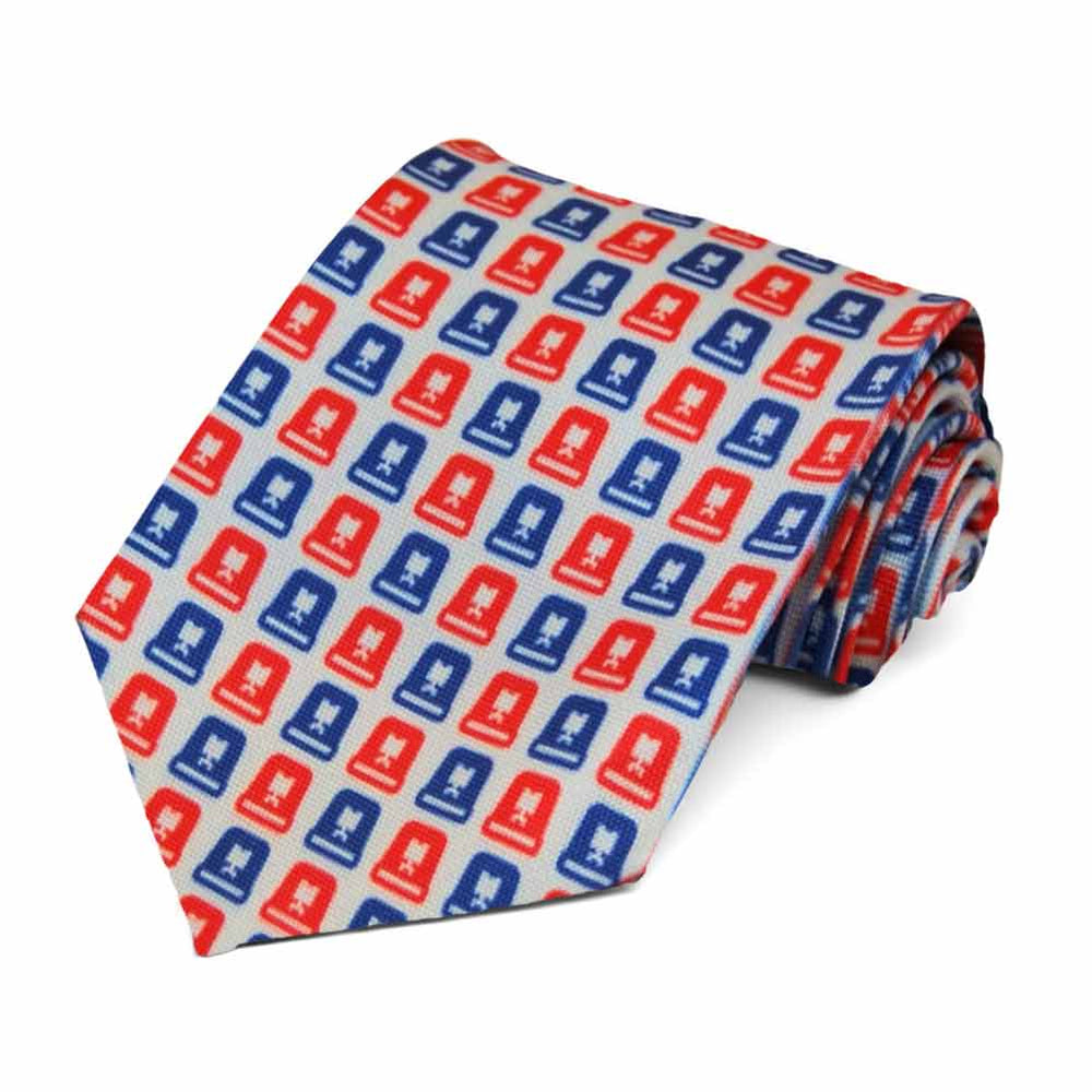 Red and blue siren design on a gray tie