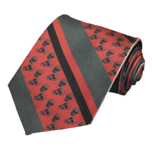 Load image into Gallery viewer, Gray and black stripes with alternating skull pattern on a dark red tie