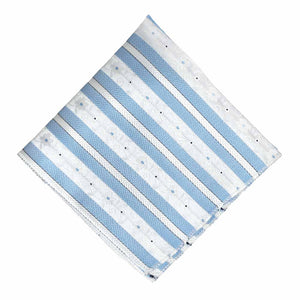 Flat view of a blue and white floral stripe pocket square