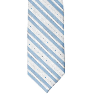 Flat front view of a blue and white floral stripe tie