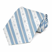 Load image into Gallery viewer, Rolled view of a blue and white floral stripe extra long necktie